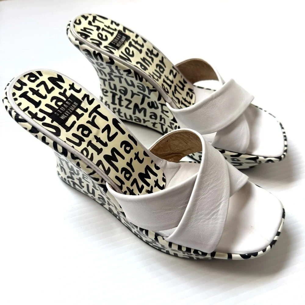 Stuart Weitzman White Leather Graphic Print Mule Wedge Heels Size 8 - Picture 5 of 13